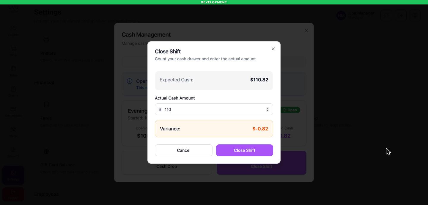 Close Shift với Expected Cash và Variance