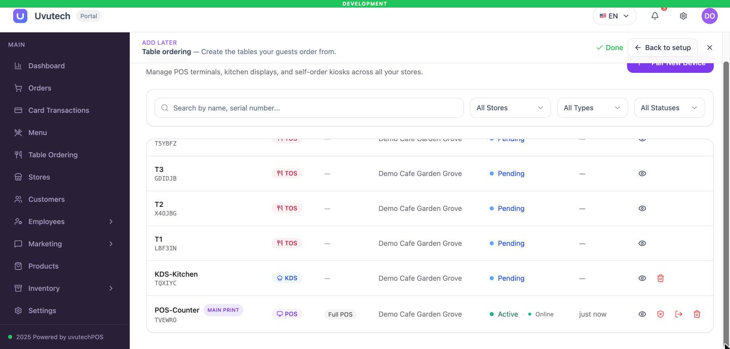 Danh sách máy với cột Status